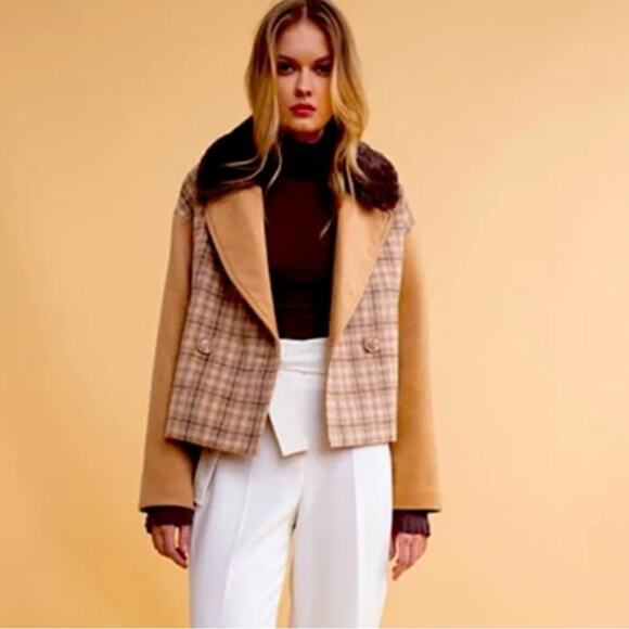 Rachel Parcell Double Breasted Jacket Faux Sherpa Fur Collar Plaid - Picture 2 of 10